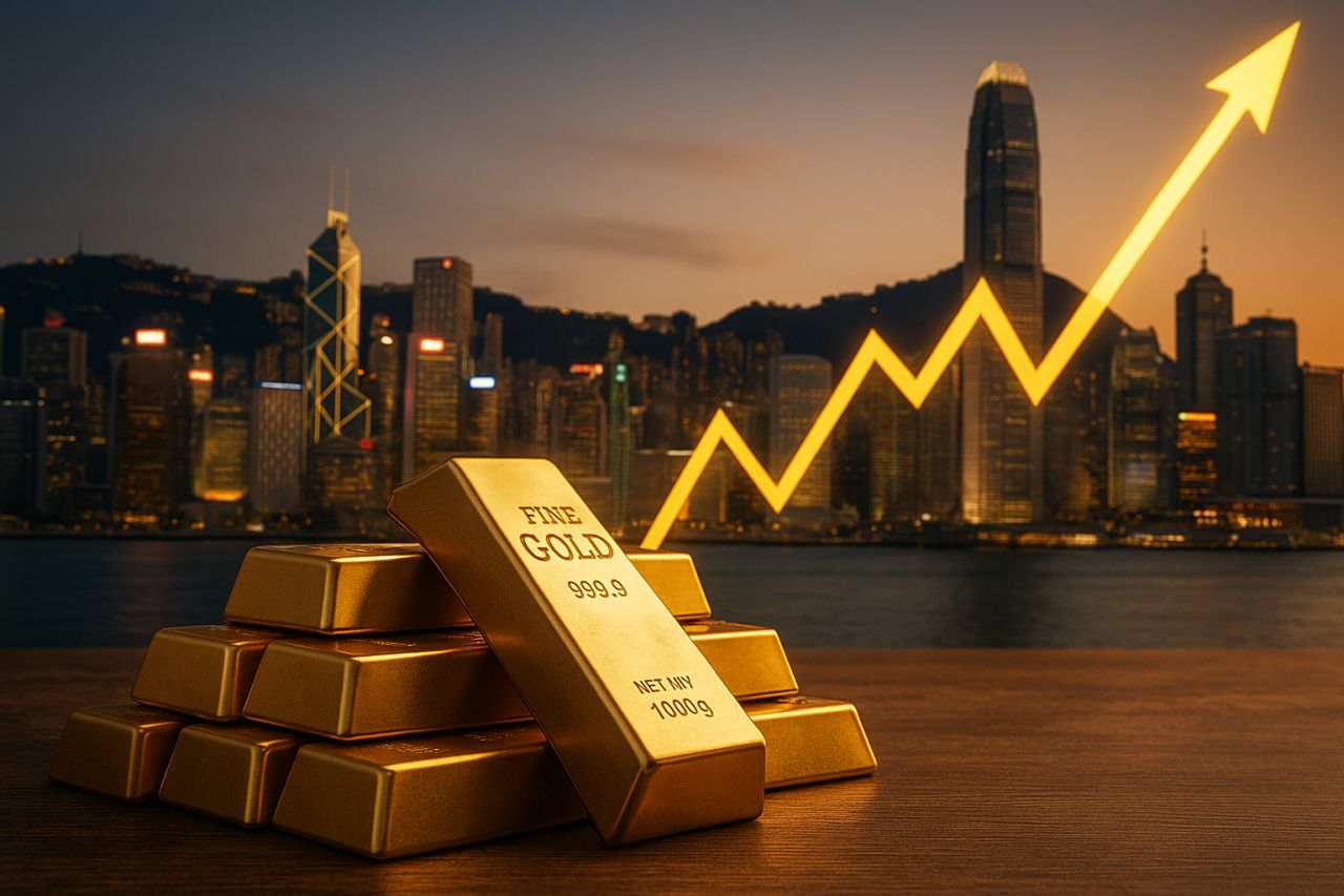 Lingotti d'oro in primo piano con una città al tramonto sullo sfondo e una freccia dorata verso l'alto in sovrimpressione