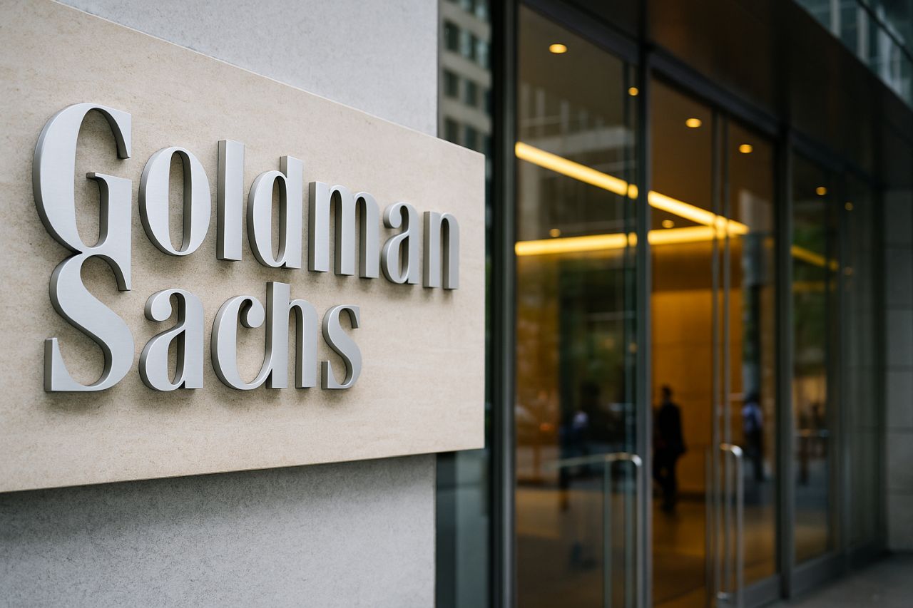insegna Goldman Sachs vicino all'entrata di un edificio