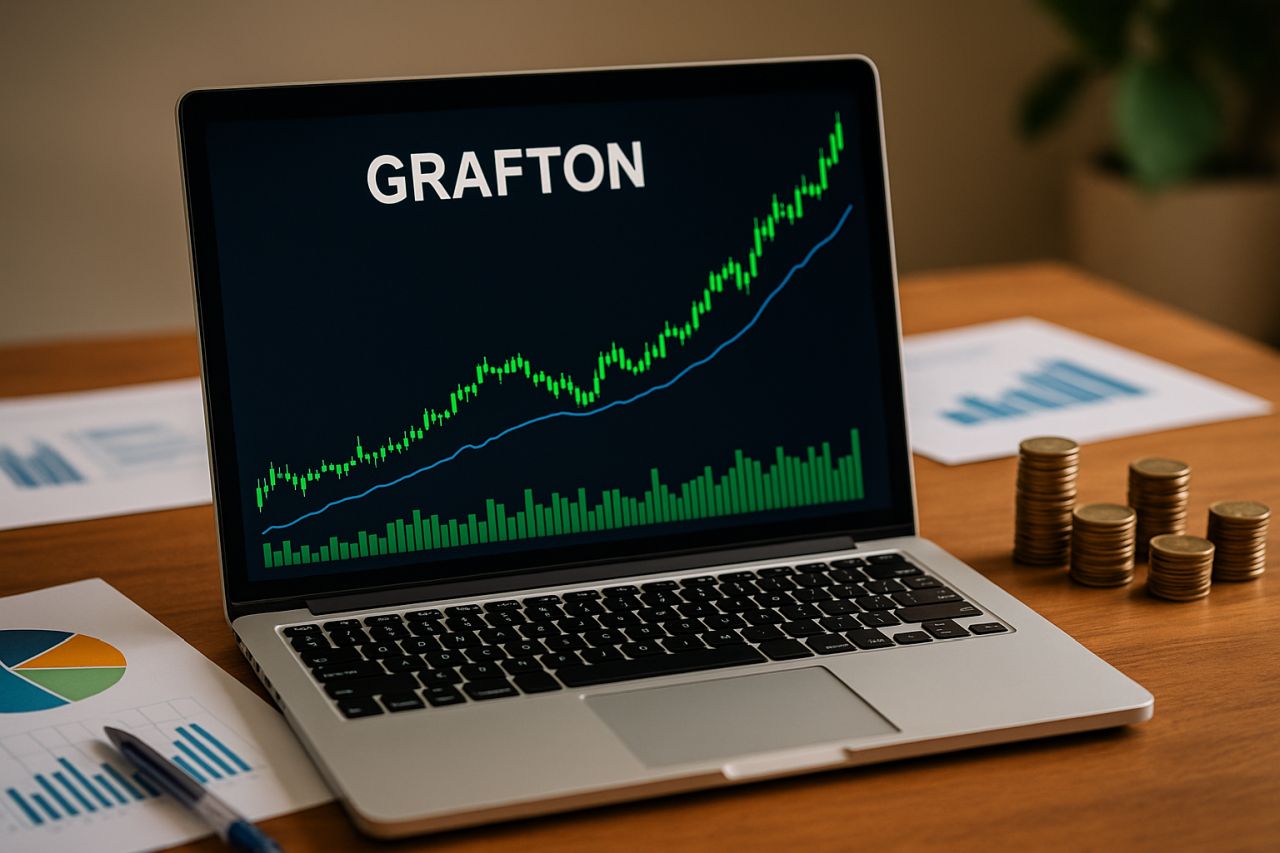 un laptop con la scritta Grafton e un grafico in crescita sullo schermo