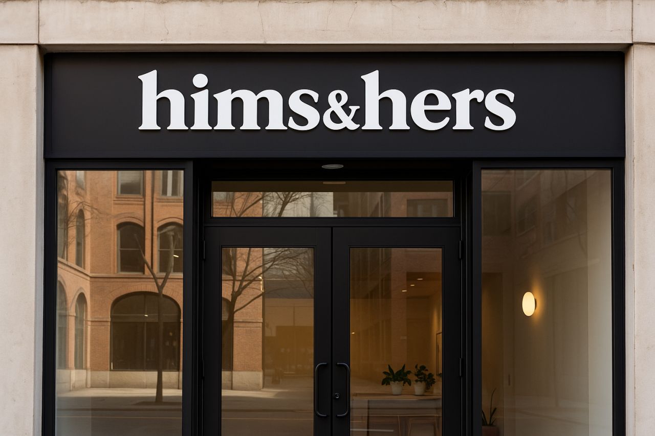Insegna Hims & Hers sull'entrata di un edificio