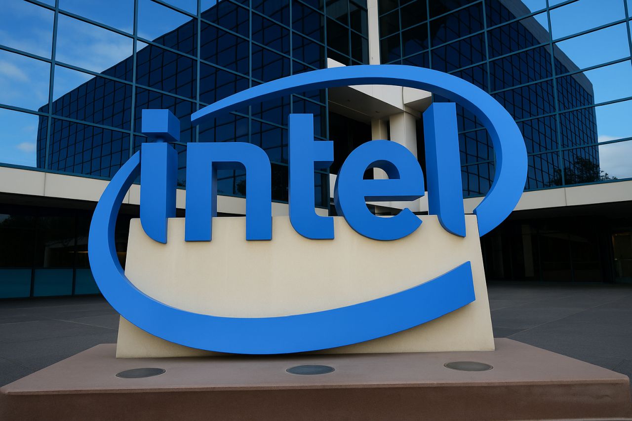Logo intel al centro di uno spazio delimitato dalle vetrate di alcuni palazzi