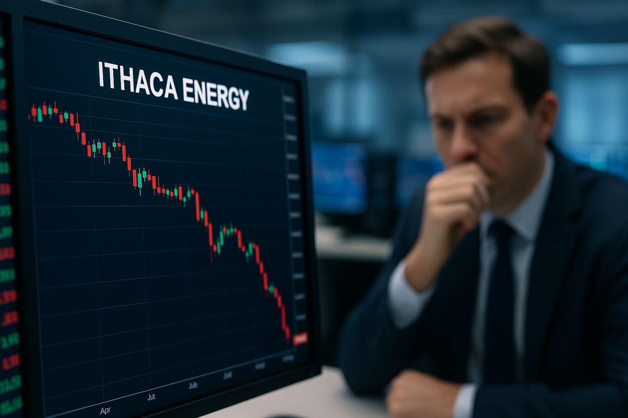 Uno schermo con la scritta Ithaca Energy e un grafico a candele in discesa. Sullo sfondo un investitore che osserva i dati