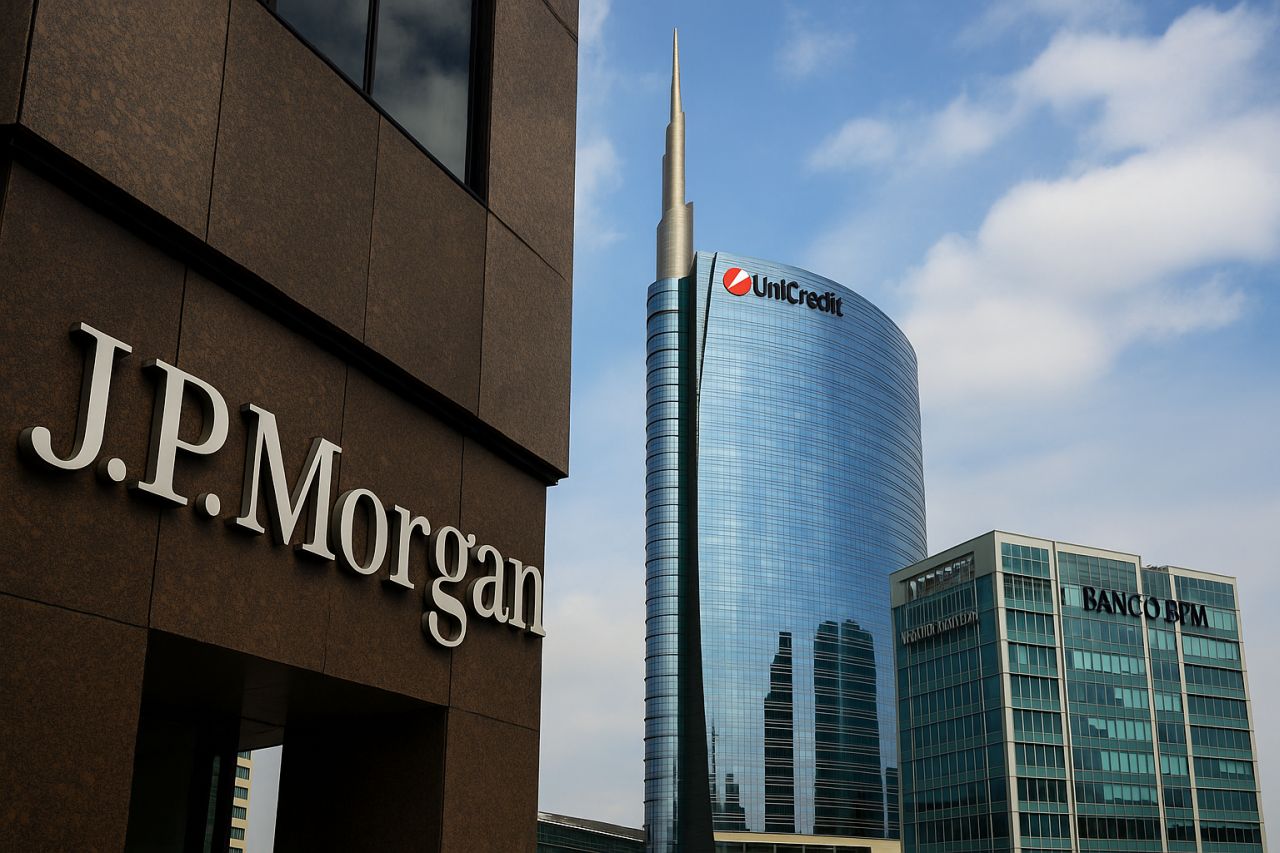 Un edificio con la scritta JP Morgan, uno con la scritta Unicredit e uno con la scritta Banco BPM