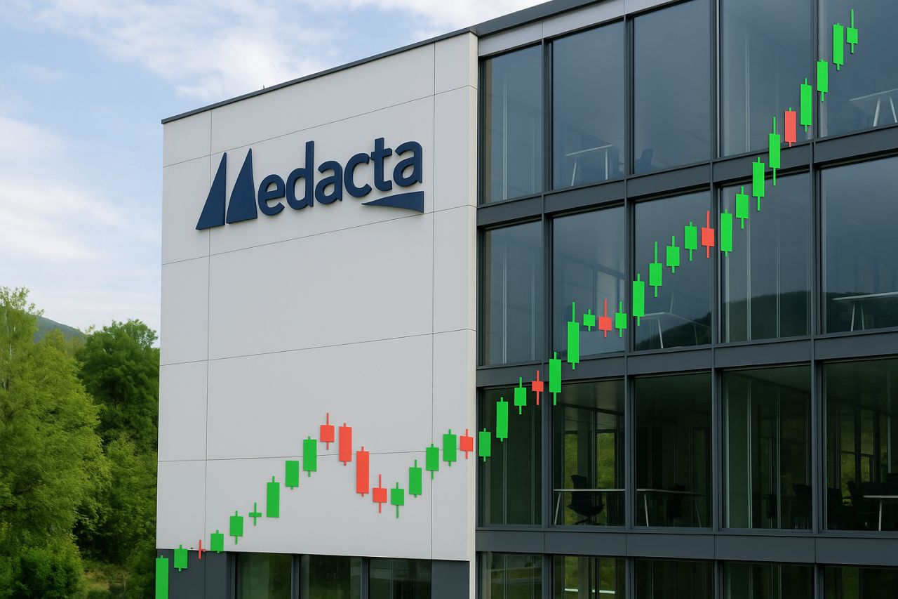 un edificio con la scritta Medacta e un grafico a candele in sovrimpressione