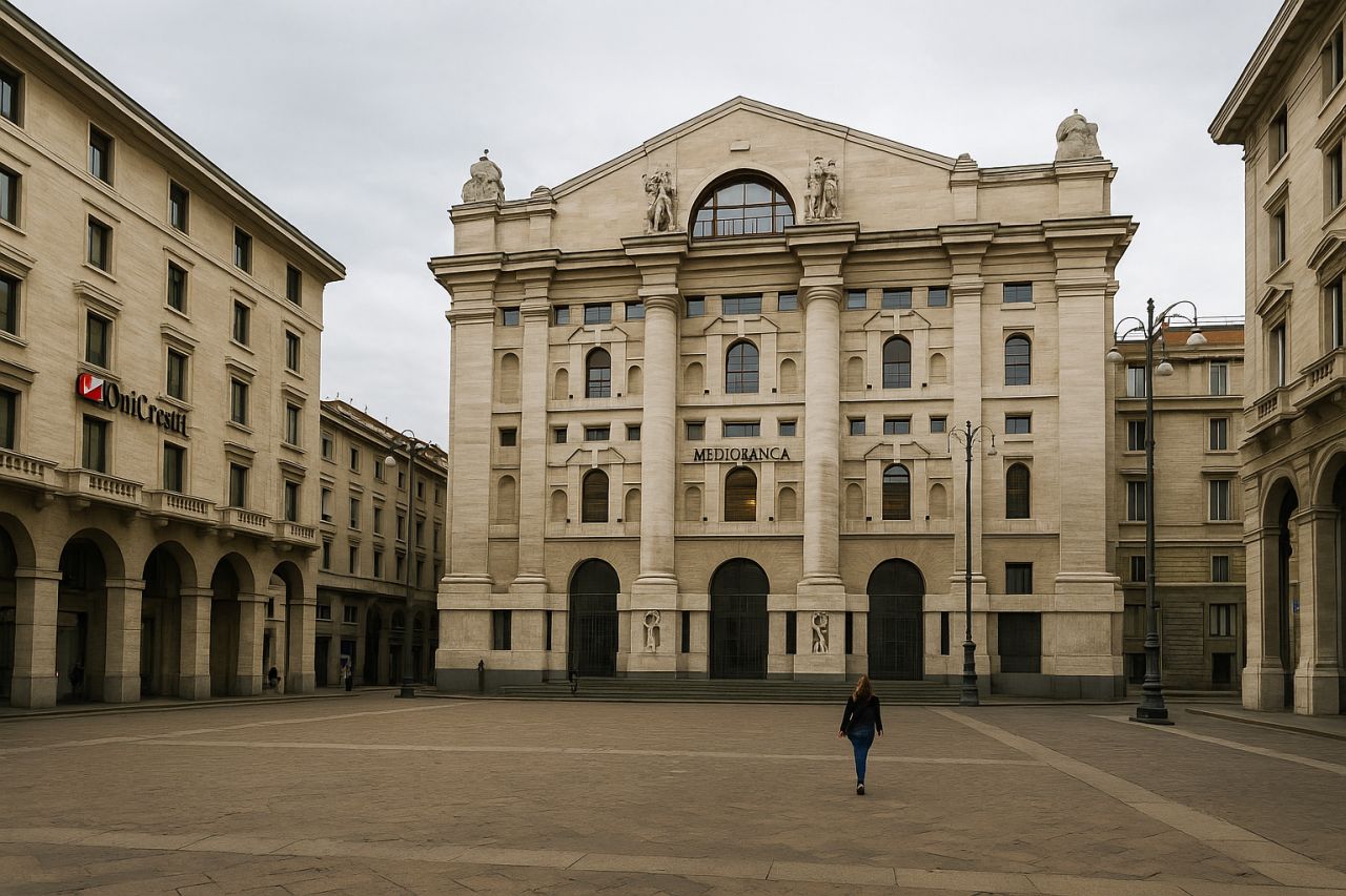 Una piazza con dei palazzi storici e la scritta Mediobanca su uno di essi