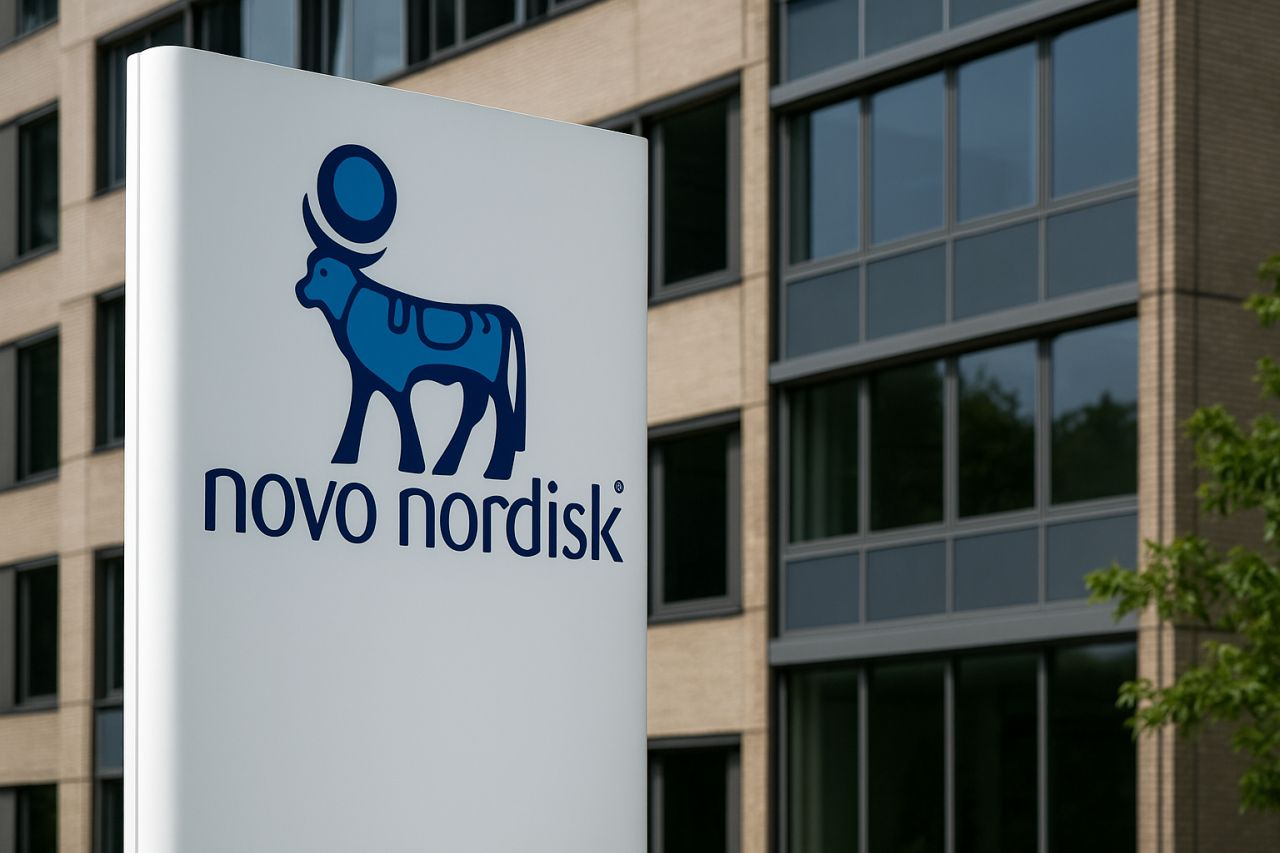 Totem pubblicitario con logo e scritta Novo Nordisk davanti ad alcuni edifici