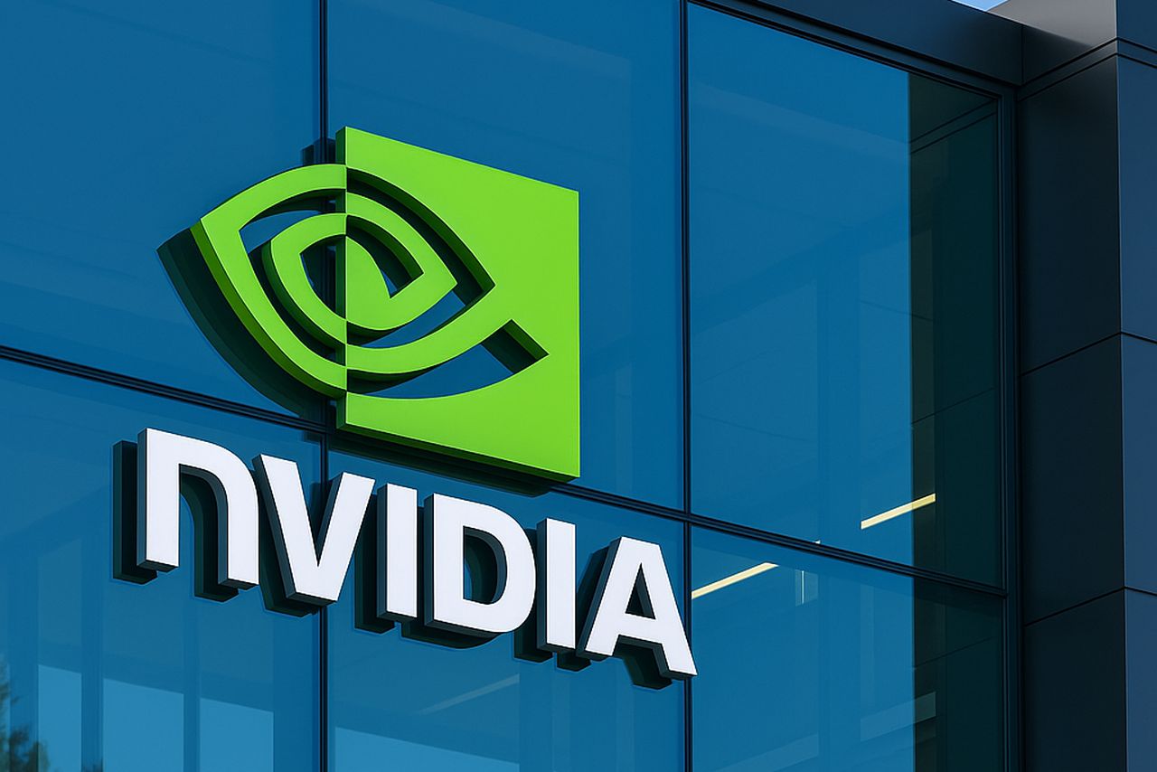 logo e scritta Nvidia sulla vetrata di un palazzo