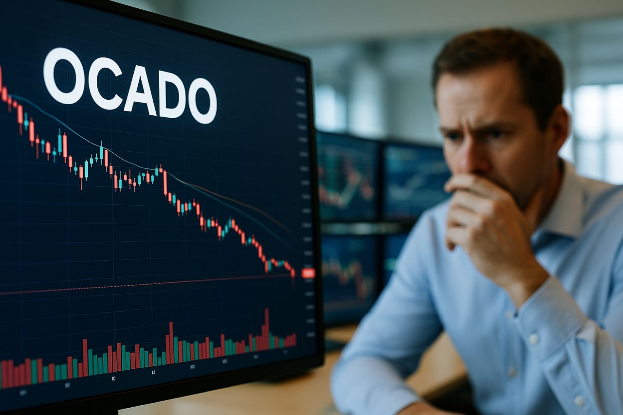un investitore seduto davanti allo schermo del pc su cui campeggia la scritta OCADO insieme a un grafico a candele