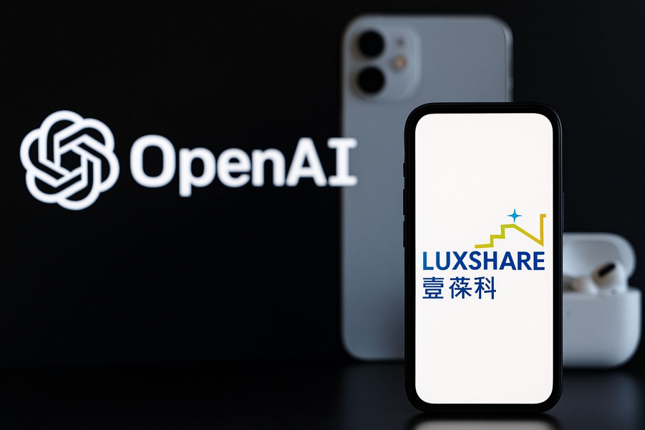 La scritta OpenAI su sfondo nero con un iPhone sul cui schermo appare la scritta Luxshare