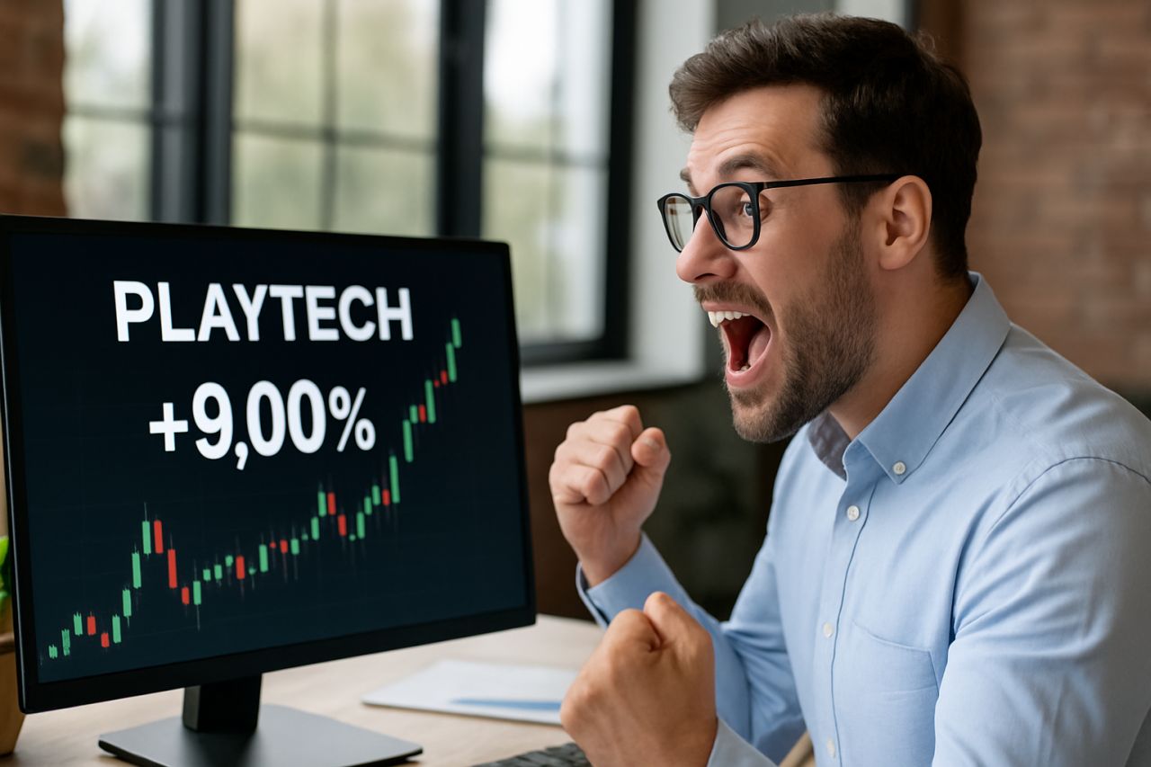 Investitore che esulta seduto alla scrivania mentre osserva un grafico a candele in crescita con la scritta Playtech +9.00% sullo schermo del pc