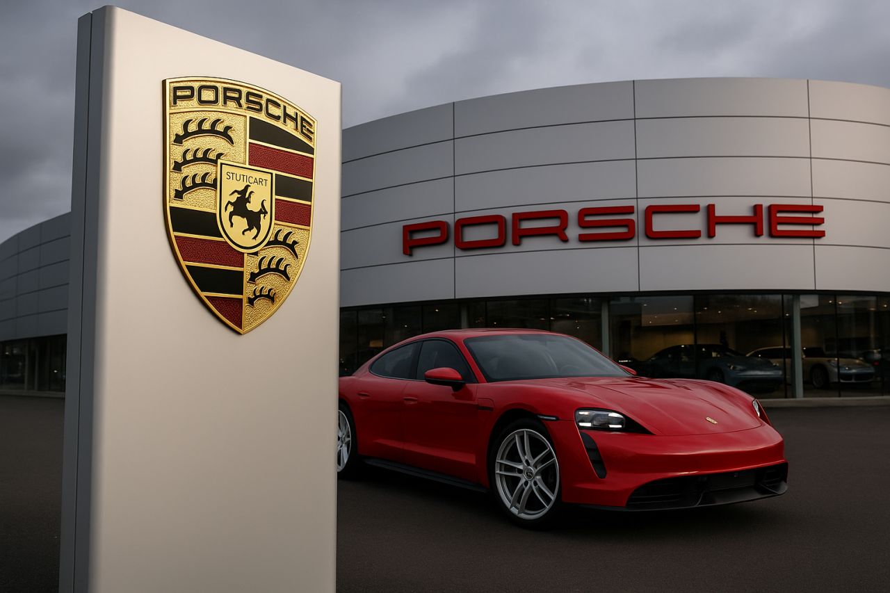 Una Porsche vicino a uno stabile con il simbolo della casa automobilistica su un totem pubblicitario