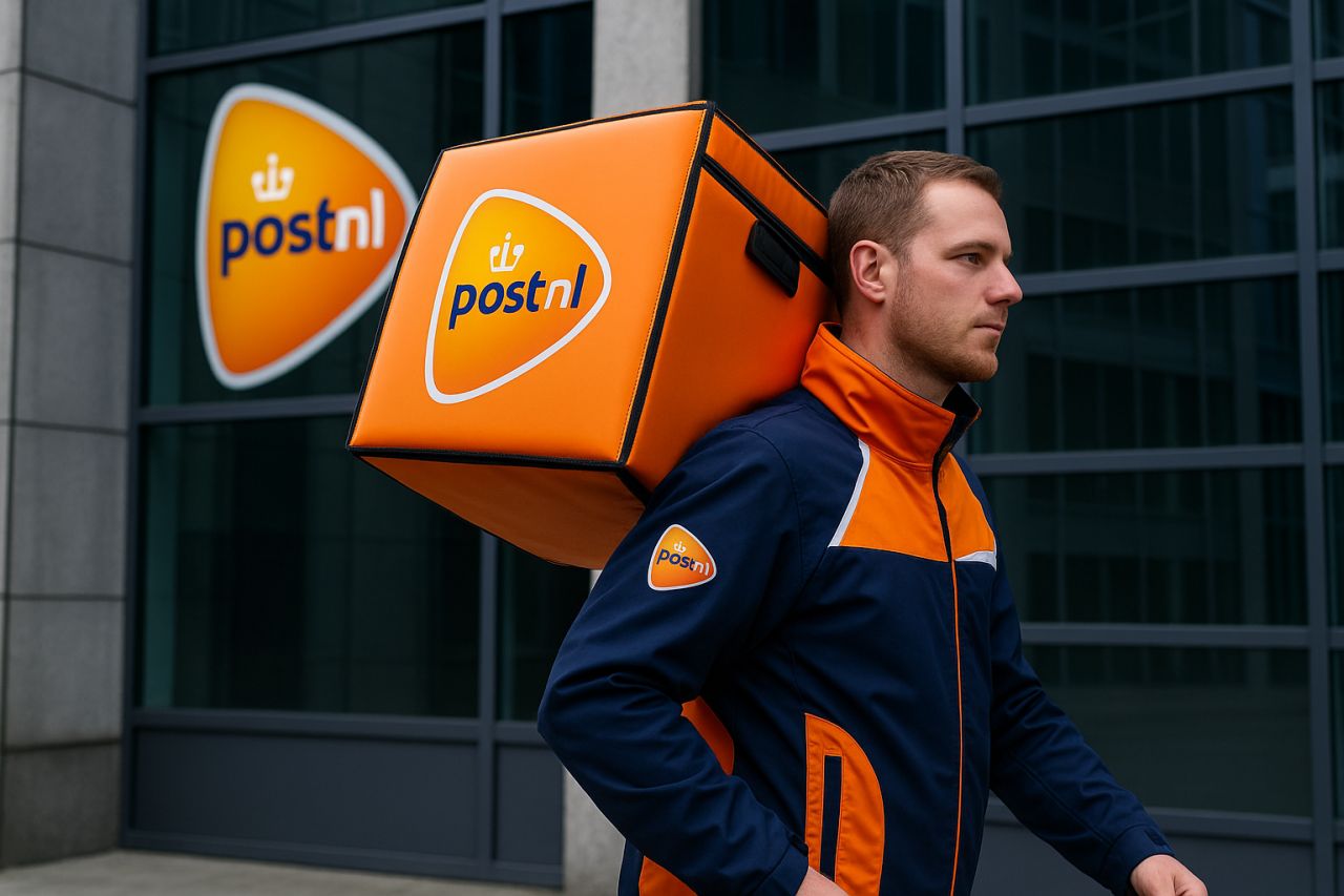 Un dipendente di Post nl. Il logo di Post nl sullo sfondo