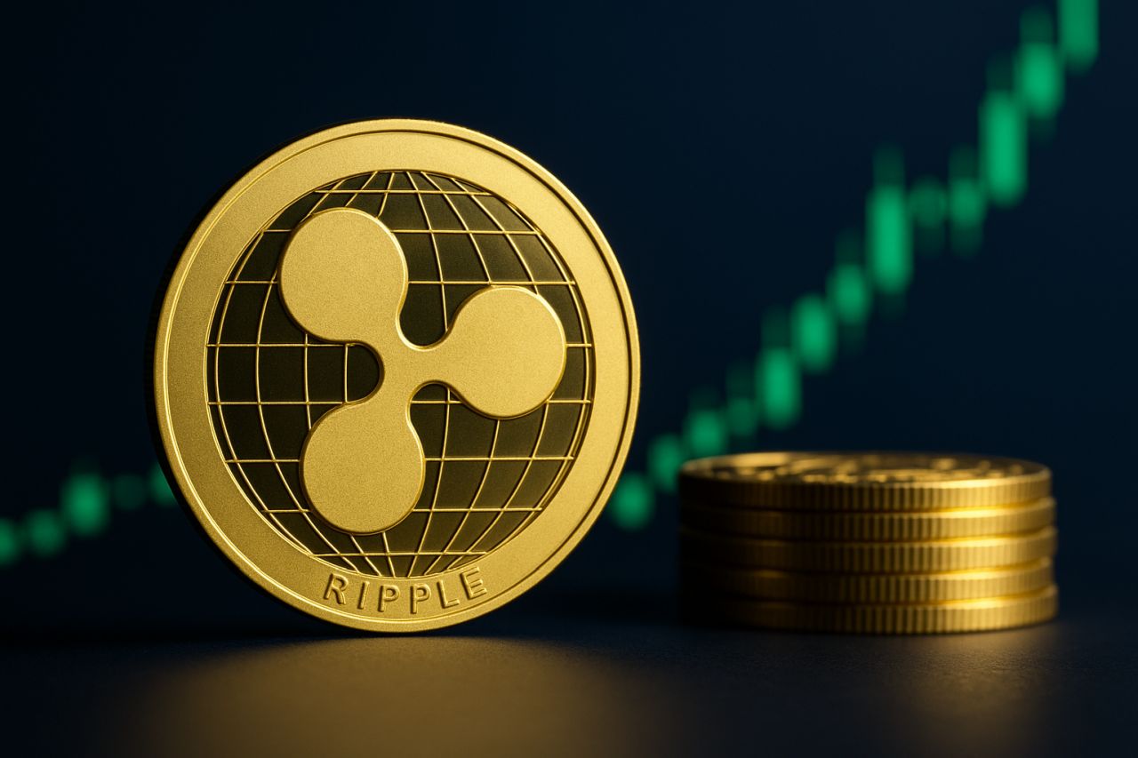 una moneta di XRP con un grafico in salita sullo sfondo