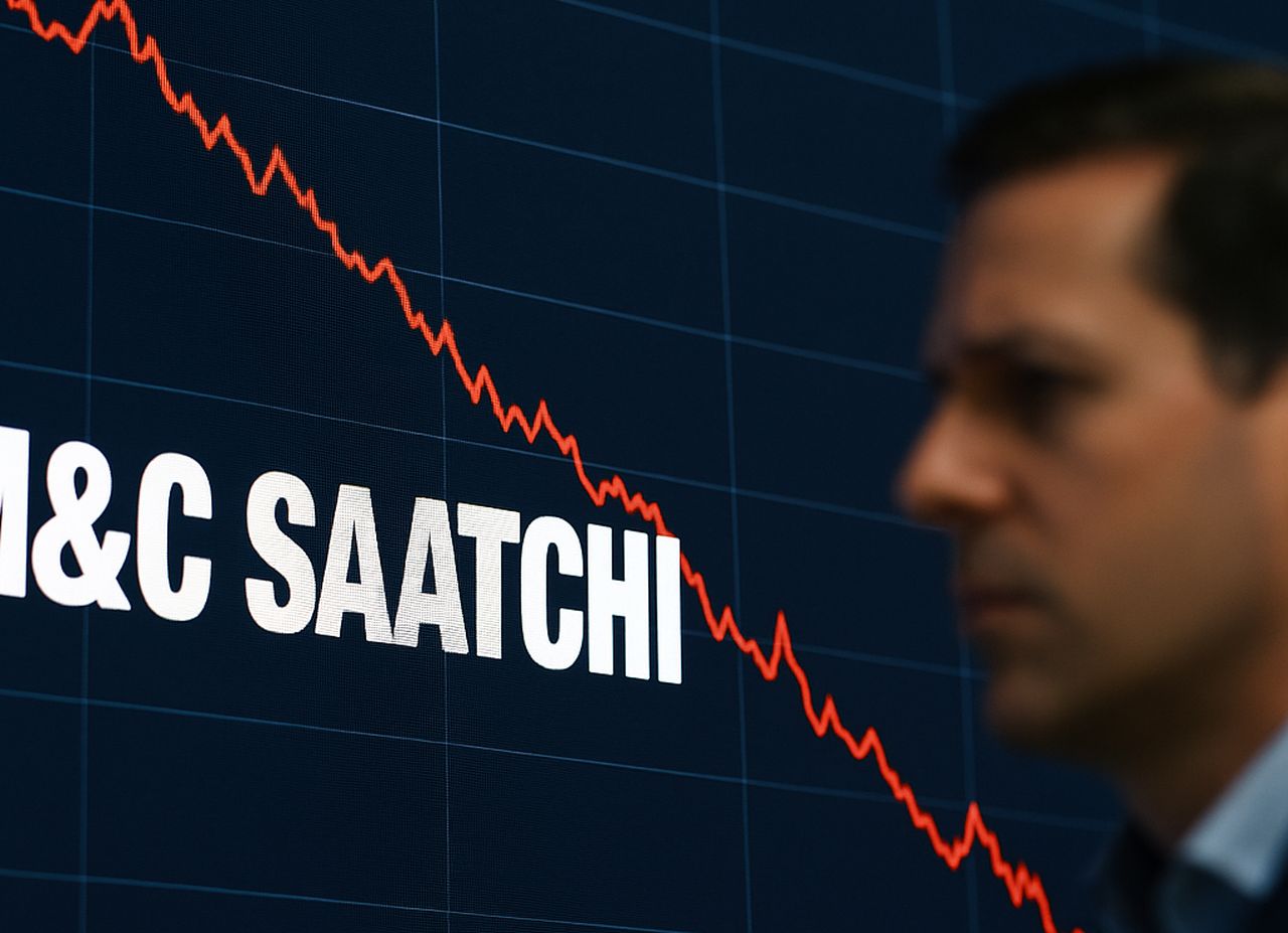 Il profilo di un trader che osserva un grafico in discesa e la scritta M&C Saatchi in primo piano
