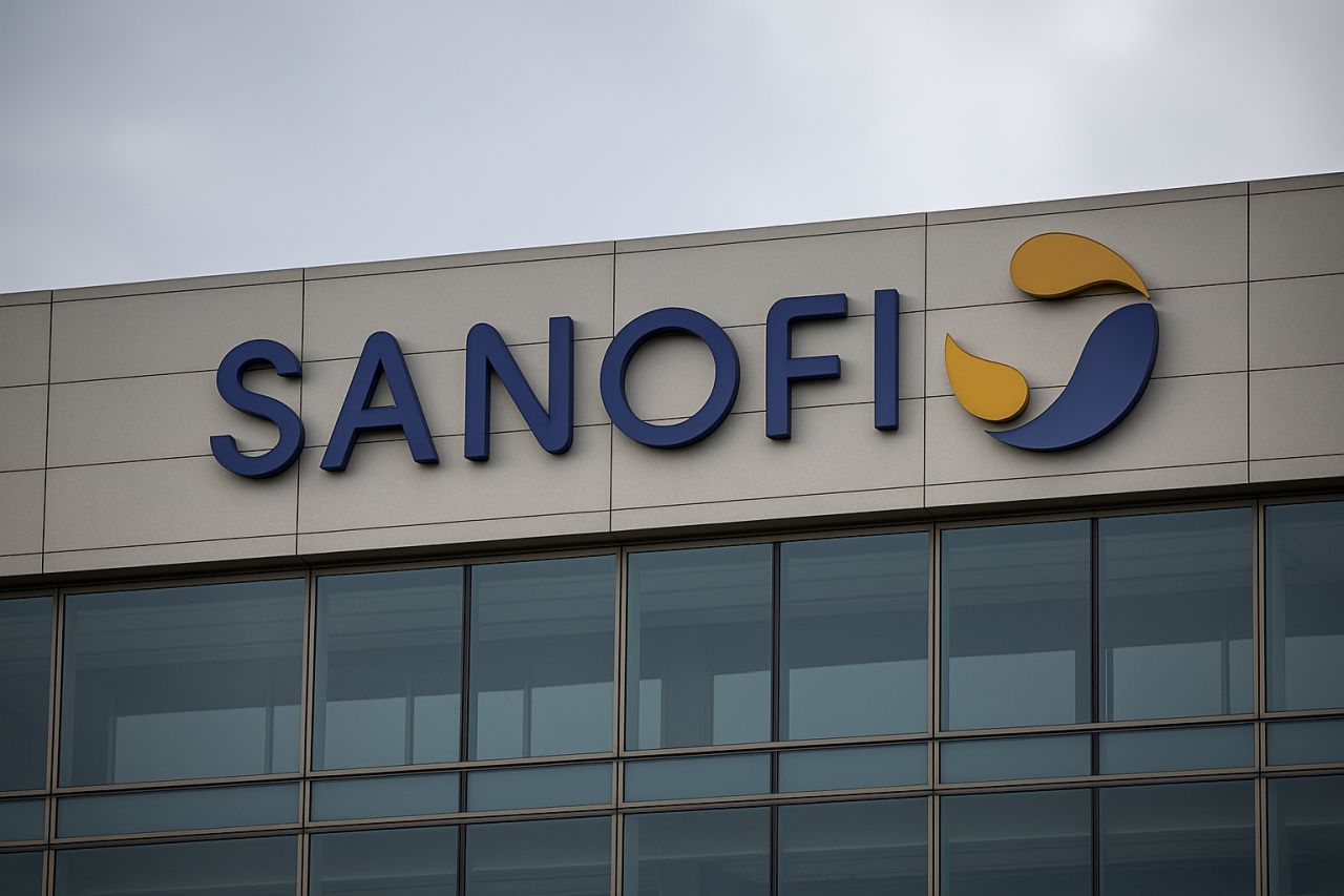 La scritta Sanofi in cima a un edificio