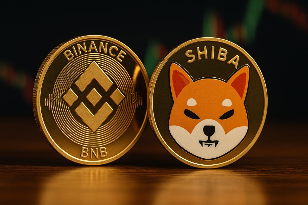 Una moneta di Binance accanto a una moneta di Shiba Inu