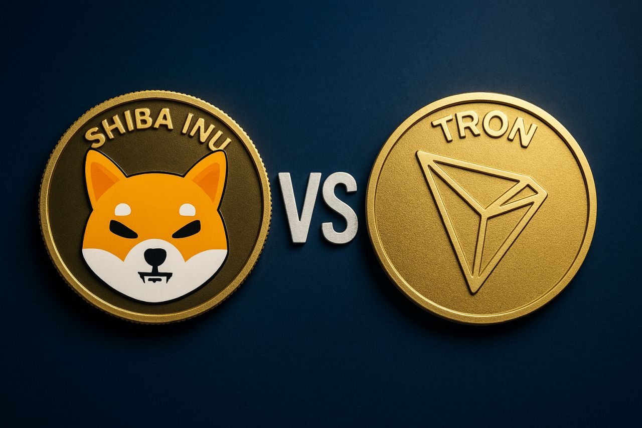 una moneta con il simbolo di Shib e una con quello di Tron su sfondo blu scuro