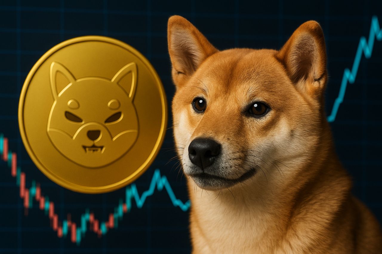un cane Shiba Inu e una moneta con il logo della crypto accanto. Sullo sfondo un grafico a candele