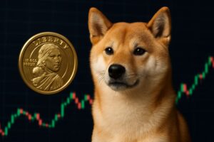 Il cane simbolo della crypto Shiba Inu con un grafico a candele sullo sfondo