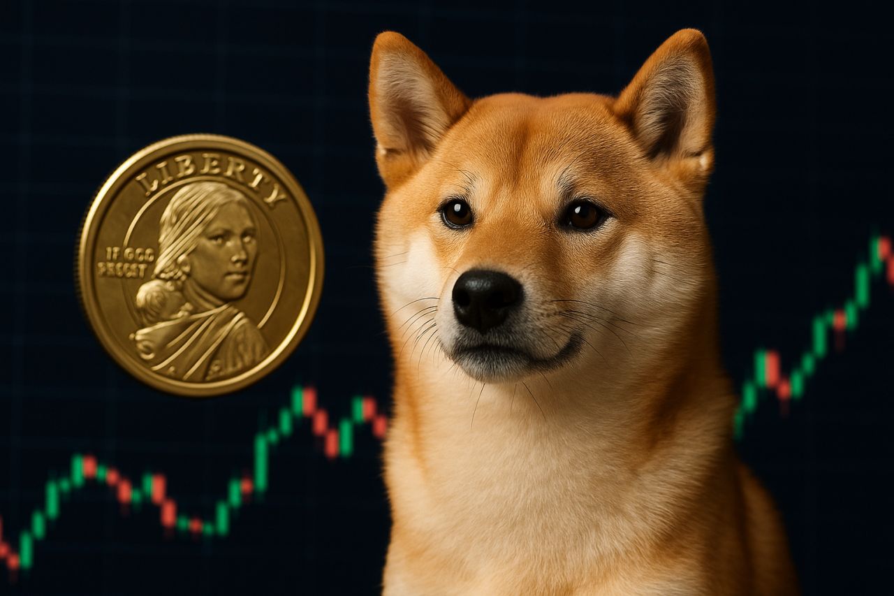 Il cane simbolo della crypto Shiba Inu con un grafico a candele sullo sfondo
