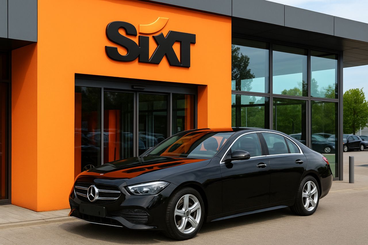 un'auto con marchio Mercedes parcheggiata davanti a un edificio con la scritta SIXT