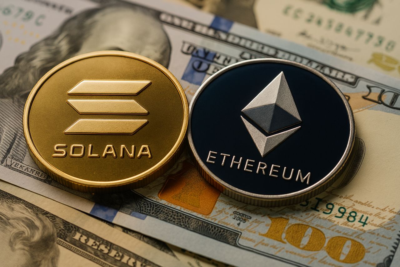 Una moneta con il simbolo di Solana e una con quello di Ethereum, poggiate su alcune banconote