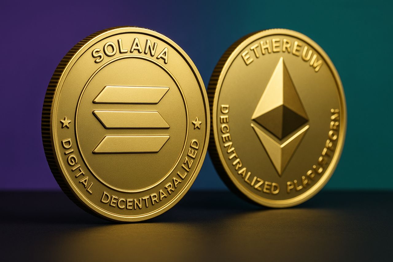 Una moneta di Solana accanto a una di Ethereum