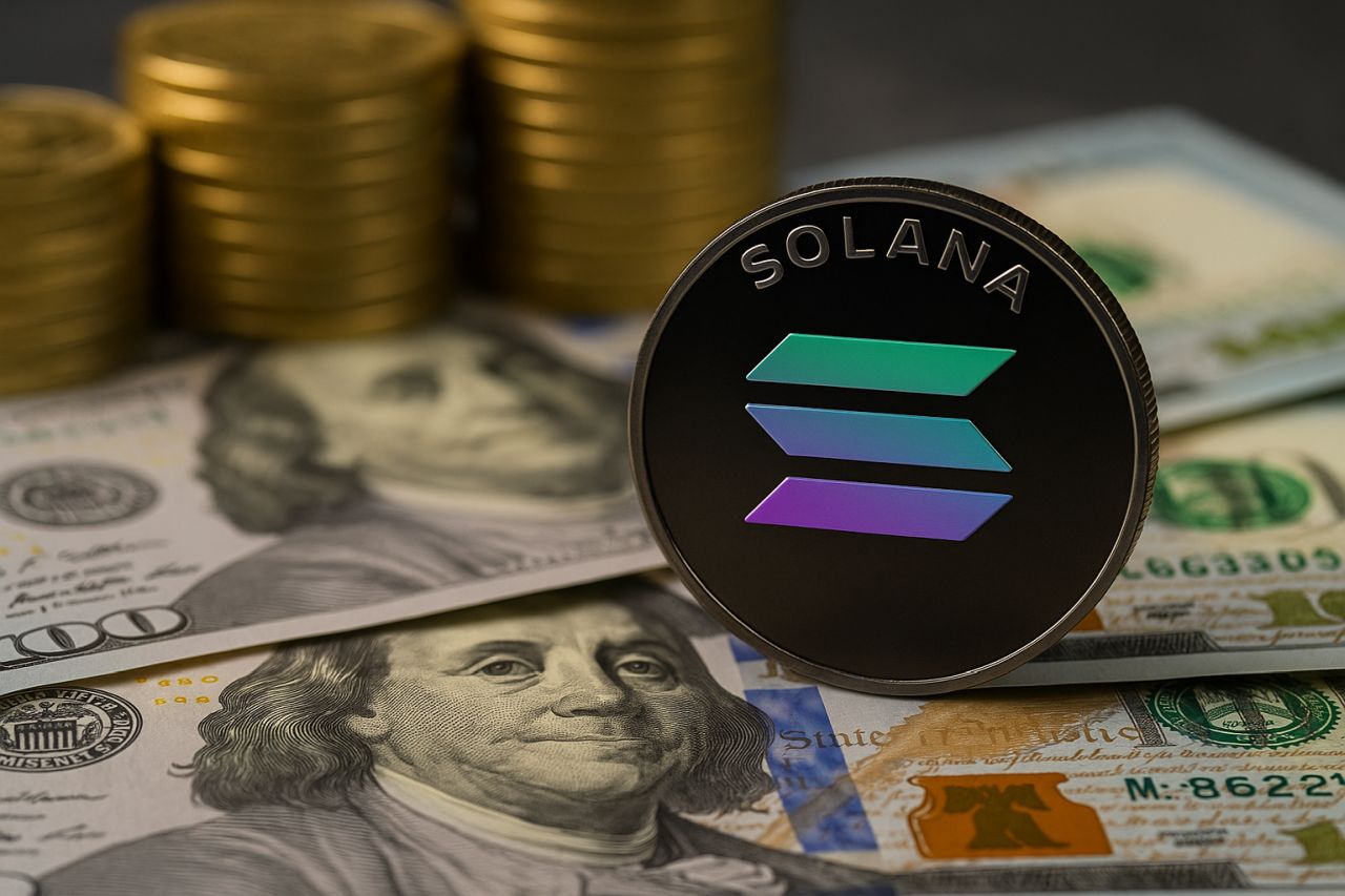 Una moneta con il simbolo di Solana poggiata di taglio su alcune banconote in dollari