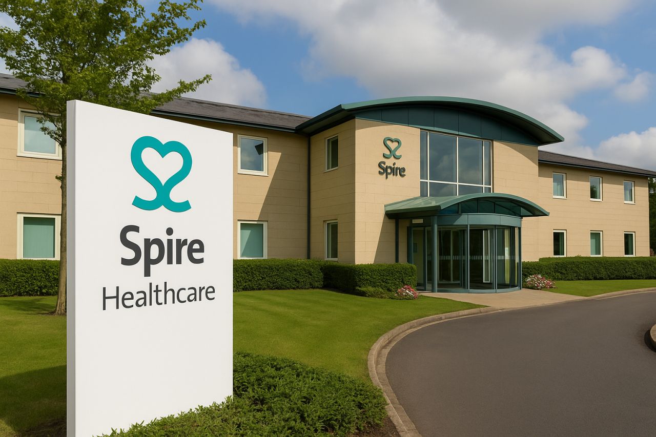 esterno moderno di una sede di Spire Healthcare, con il logo ben visibile sull’edificio e sul totem davanti all’ingresso
