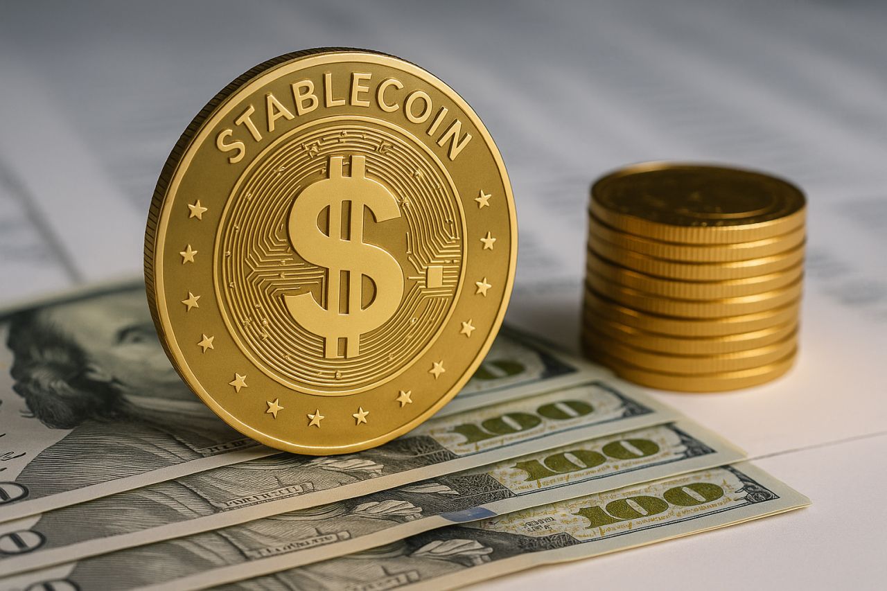 una moneta con il simbolo del dollaro e la scritta Stablecoin poggiata di taglio su alcune banconote in dollari