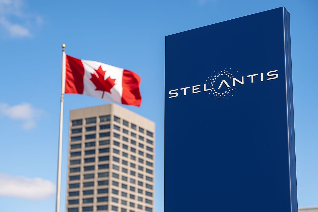 Un pannello blu con la scritta Stellantis e un palazzo sullo sfondo con la bandiera del Canada