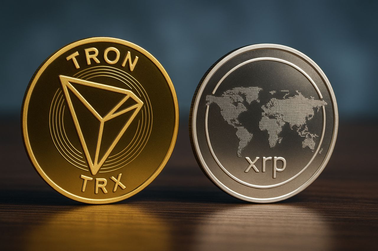 Una moneta con il simbolo di Tron e una con quello di XRP di Ripple