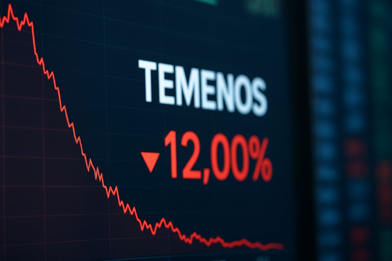 Scritta Temenos con un grafico in rosso