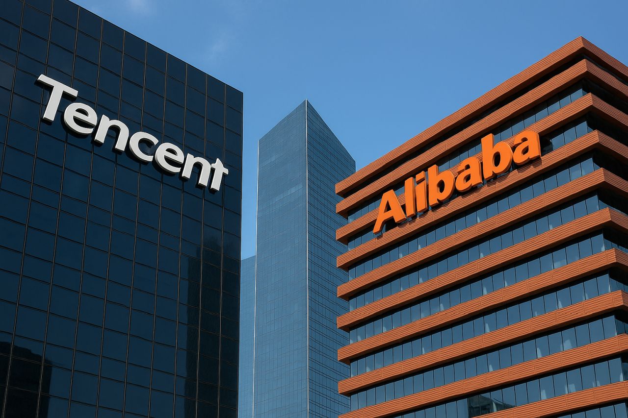 Un grattacielo con la scritta Tencent e uno con la scritta Alibaba