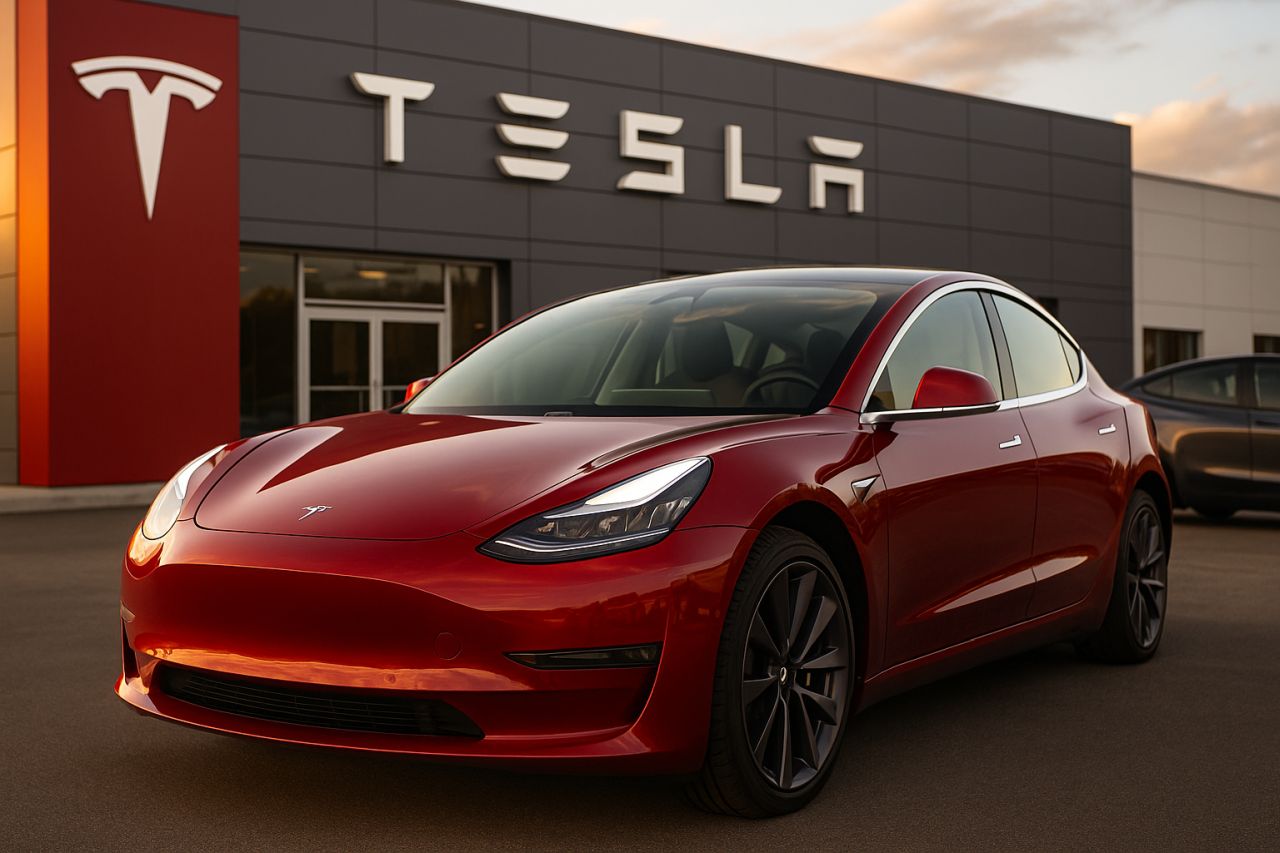 un'auto Tesla con un edificio con logo e scritta Tesla alle spalle