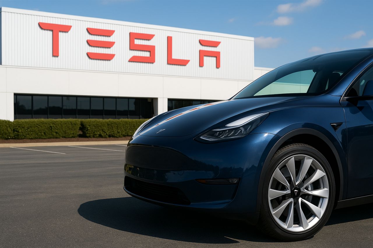 Un'auto Tesla davanti a un cartello con la scritta Tesla