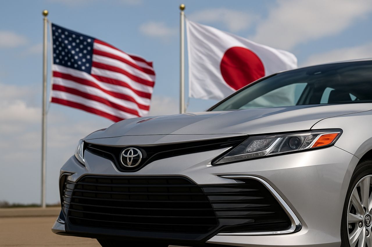 Un'auto Toyota e le bandiere di Usa e Giappone sullo sfondo