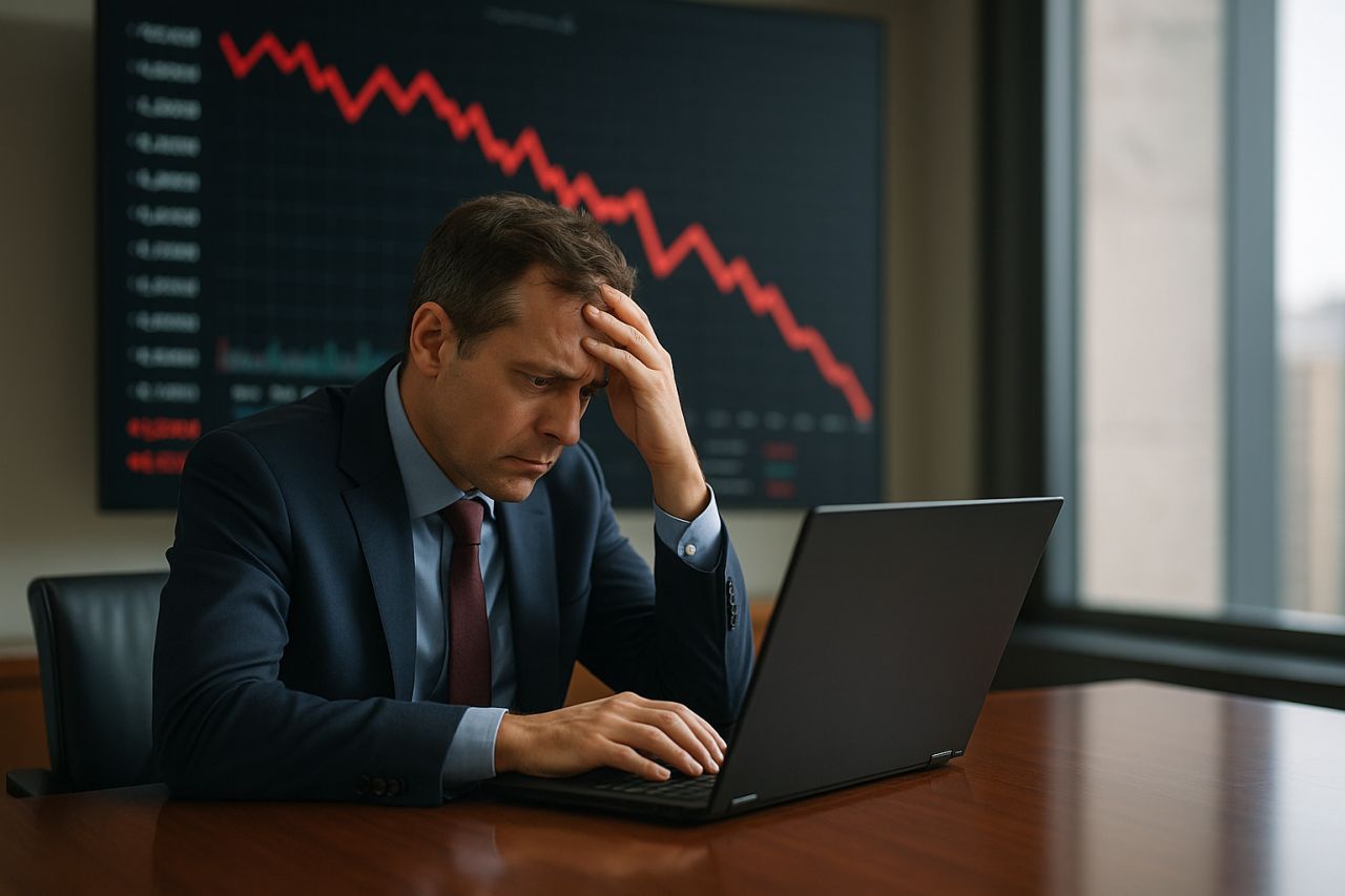 un investitore che osserva preoccupato lo schermo del suo laptop. Sullo sfondo un tabellone con un grafico in rosso