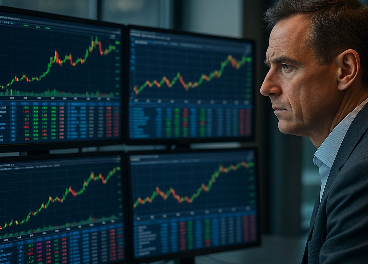 Un investitore che osserva i grafici su alcuni schermi