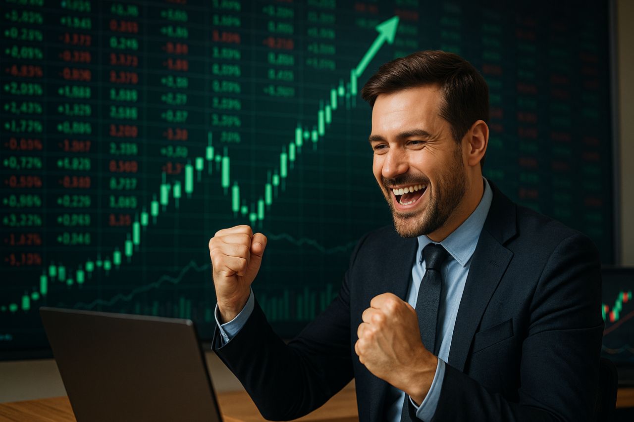 Un trader che esulta e dei grafici finanziari in salita sullo sfondo