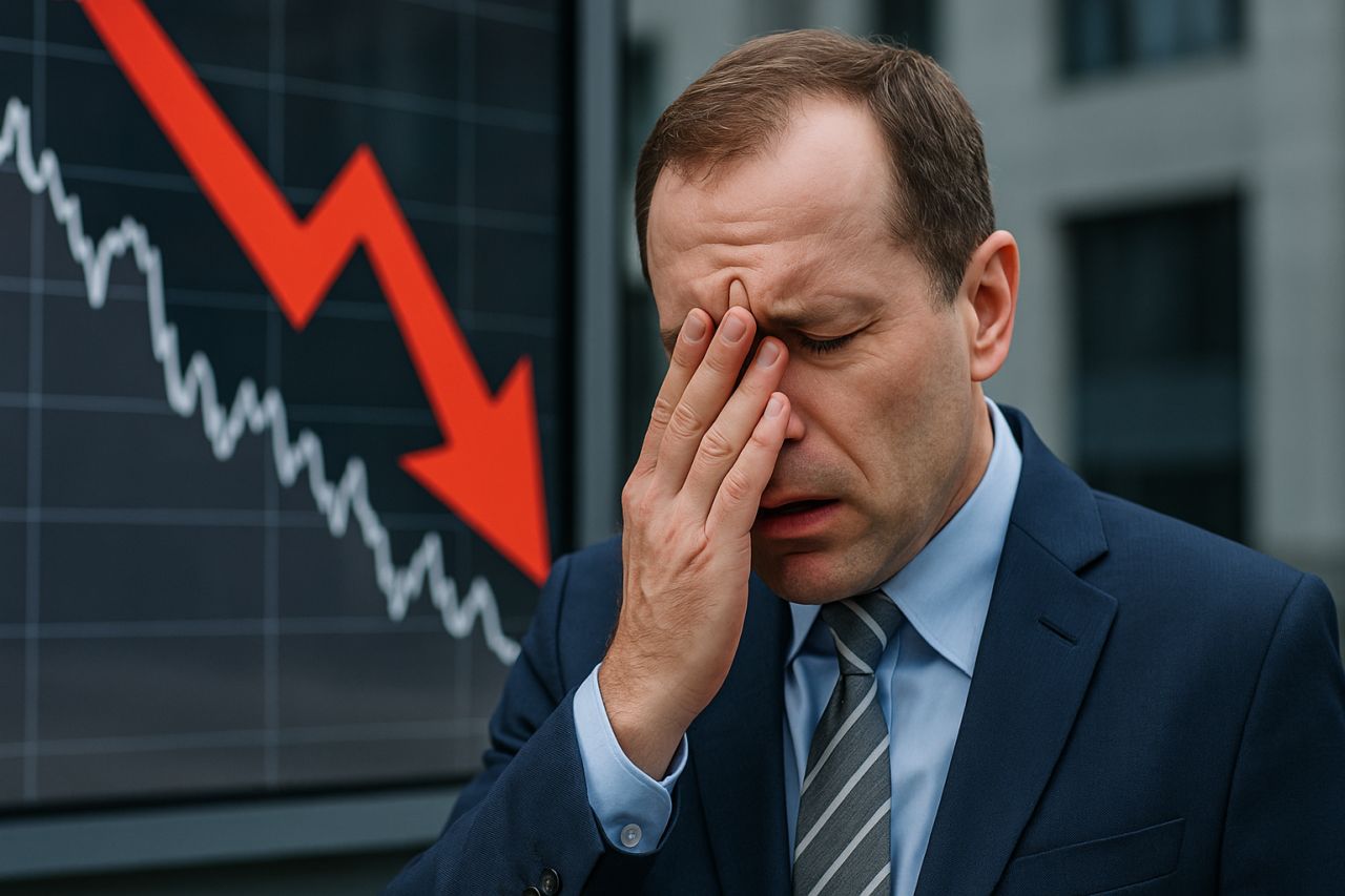 primissimo piano di un trader preoccupato con un grafico in discesa sulla lavagna alle sue spalle