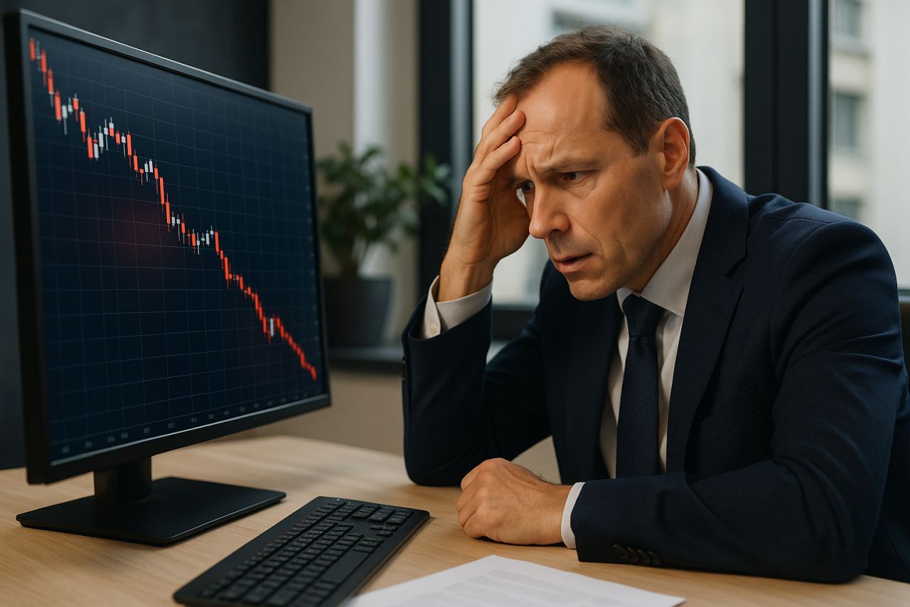 un investitore seduto ad una scrivania con un grafico in discesa sullo schermo del pc
