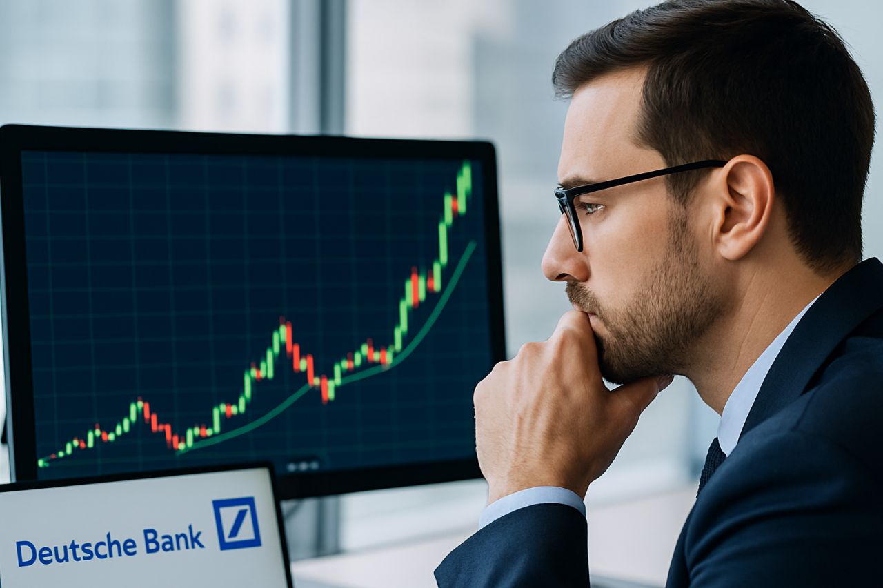 un investitore che osserva un grafico a candele sullo schermo del pc