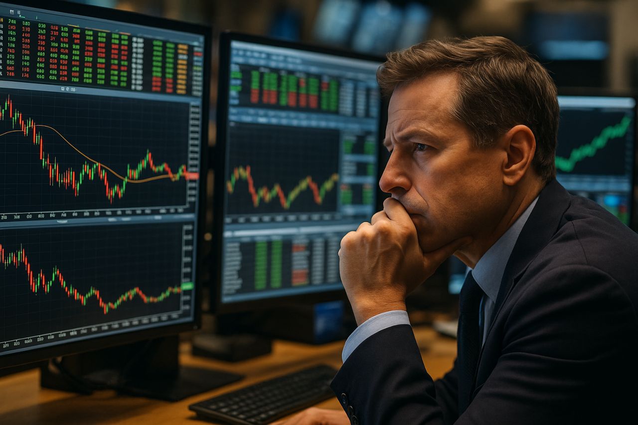 un investitore che osserva alcuni grafici su vari schermi