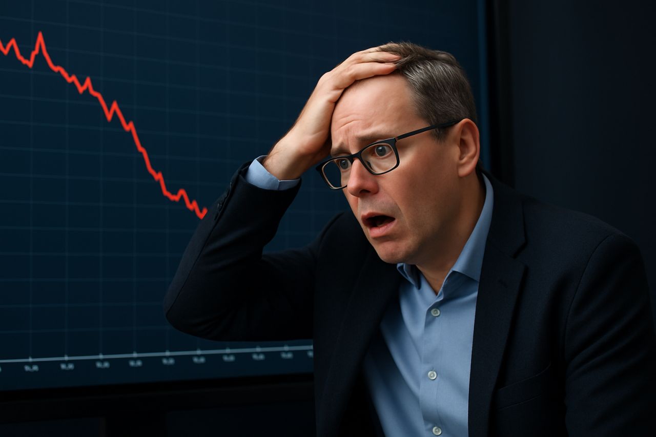 Primo piano di un investitore con una mano alla fronte e un grafico in discesa sullo sfondo