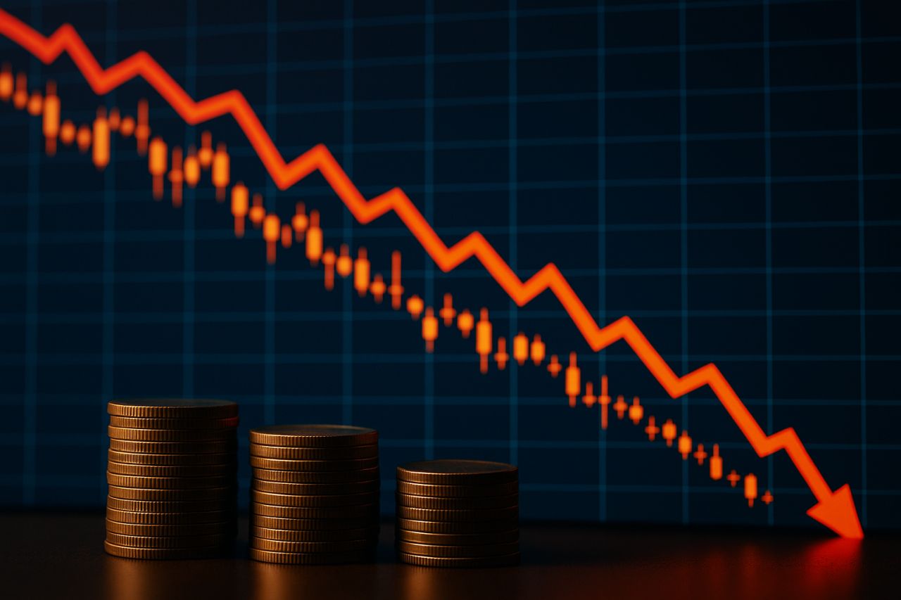 un grafico finanziario in discesa e delle pile di monete sotto di esso