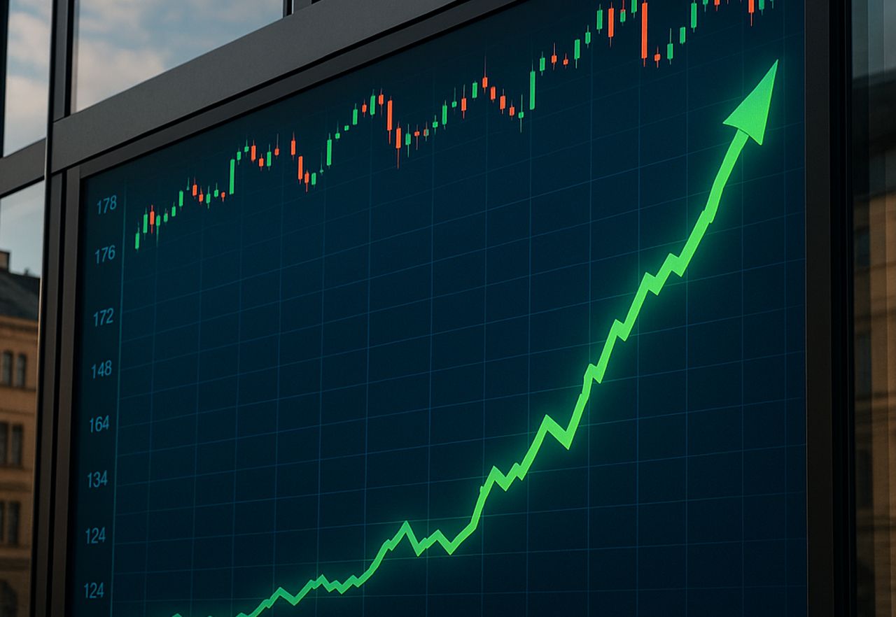 Un grafico a candele con una freccia verde verso l'alto