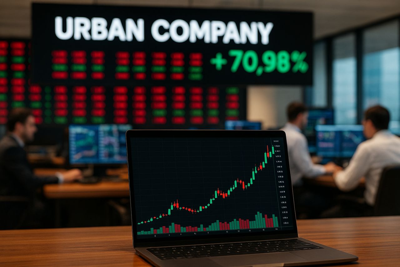Una stanza con delle scrivanie, dei computer e dei trader, con un grande schermo con cifre e la scritta Urban Company