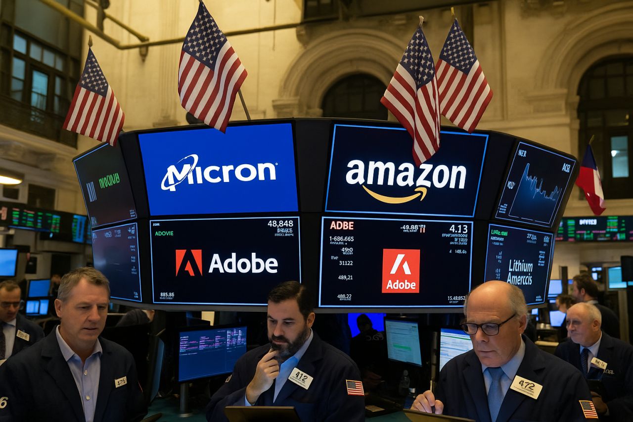 i loghi delle società big tech sugli schermi di una sala di Borsa gremita di investitori