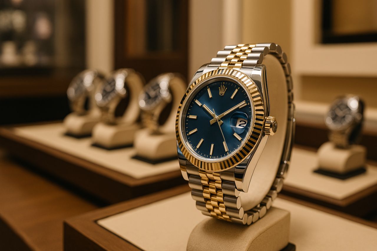 Un orologio in esposizione insieme ad altri orologi di lusso